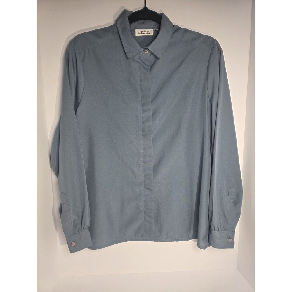 Vintage Country Suburbans Dusty Blue Button Down Blouse Long Sleeve Size 14